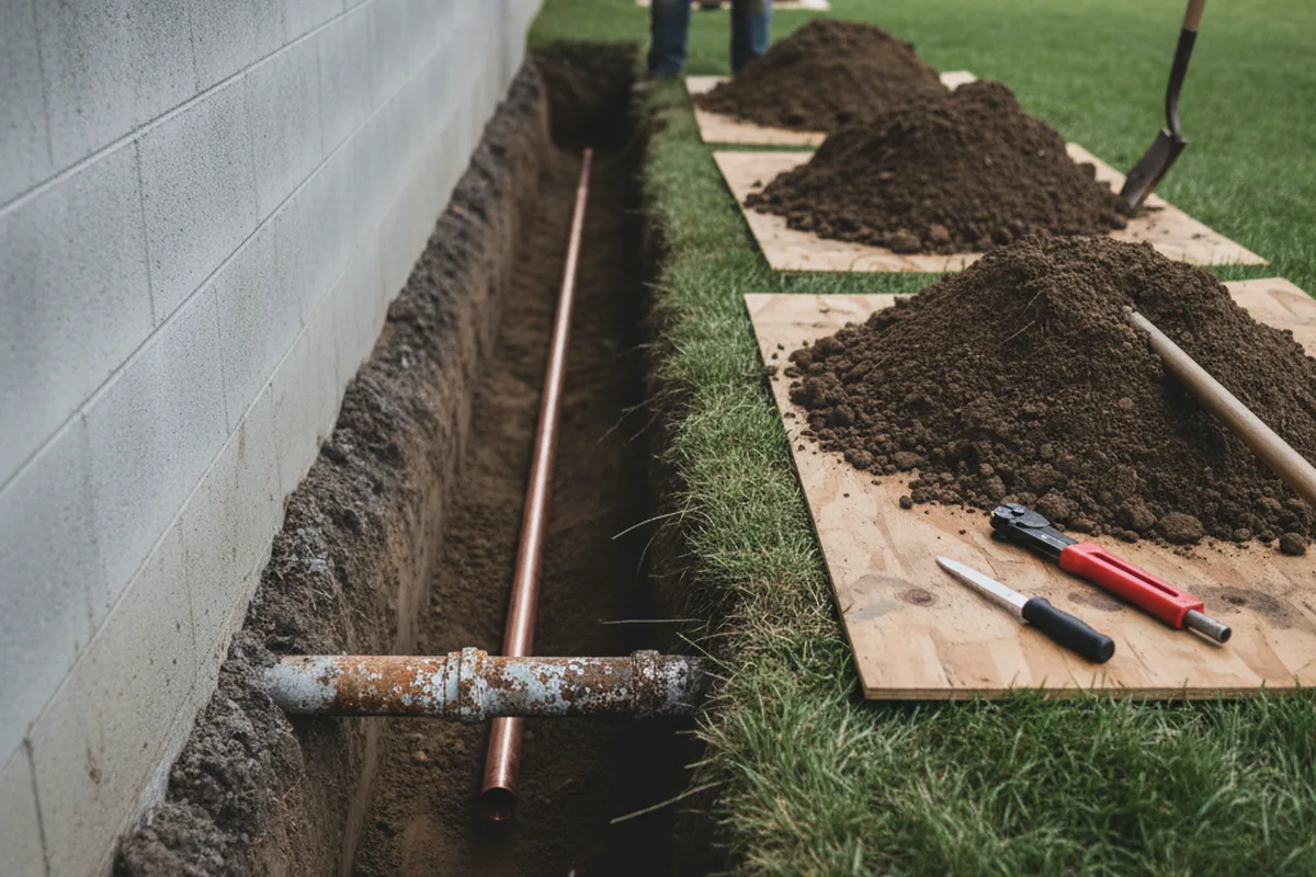 Excavated water line trench during Water Softener Installation in Manteno